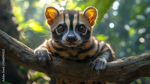 Margay kitten resting on a branch in the rainforest photo