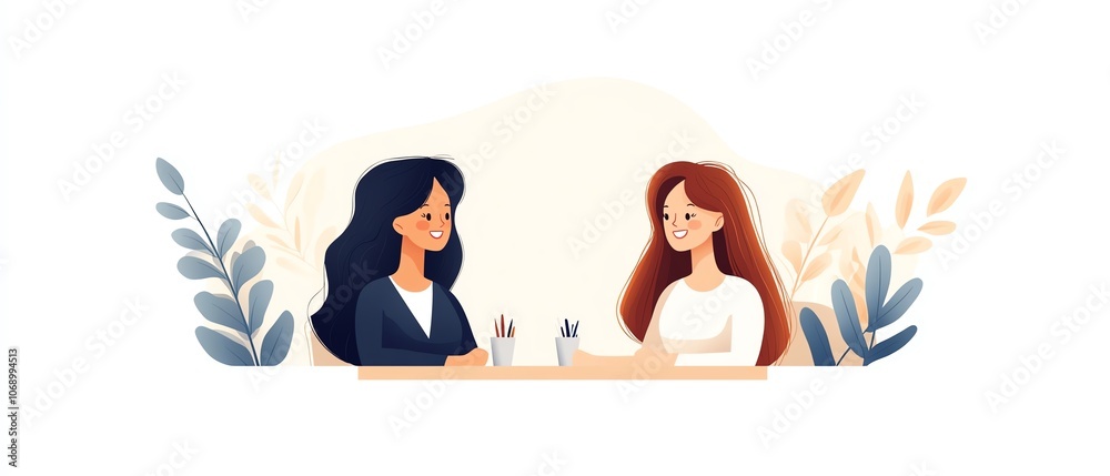 Two women talking at a table. Two women talking at a table.