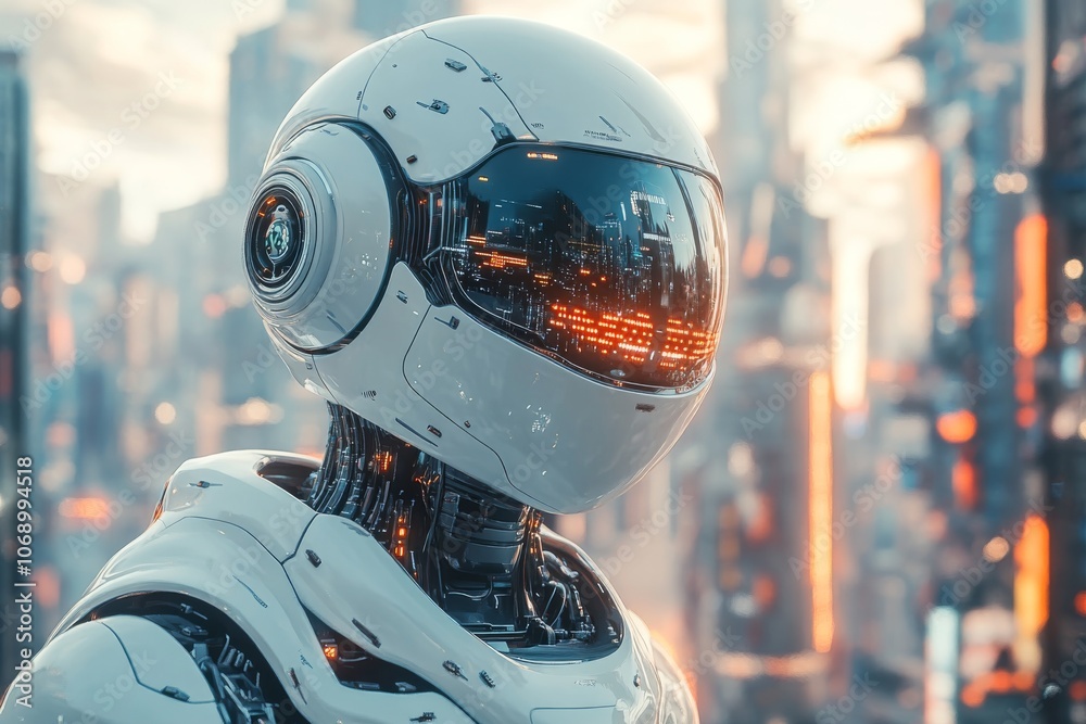 Futuristic Robot Head with Cityscape Reflection in Helmet Futuristic Robot Head with Cityscape Reflection in Helmet