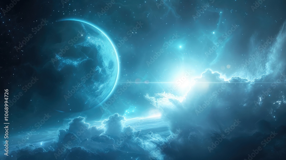 Majestic Blue Planet with Starry Nebula Backdrop Majestic Blue Planet with Starry Nebula Backdrop