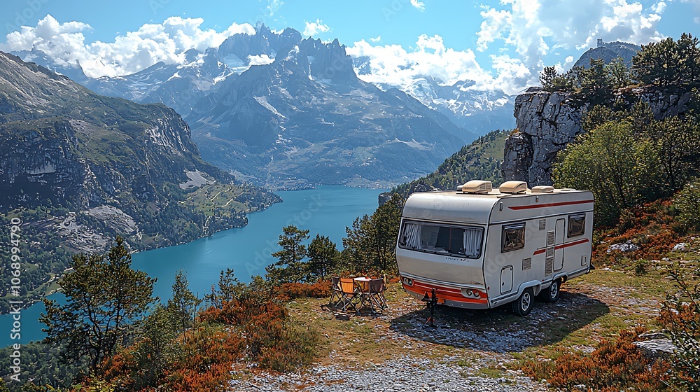 A white camper van parked on a cliff overlooking a beautiful lake and mountains, with two orange chairs facing the view. A white camper van parked on a cliff overlooking a beautiful lake and mountains, with two orange chairs facing the view.