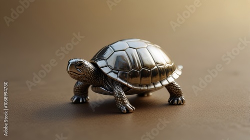 A small silver turtle figurine resting on a smooth brown surface, showcasing its shiny details and unique design.
