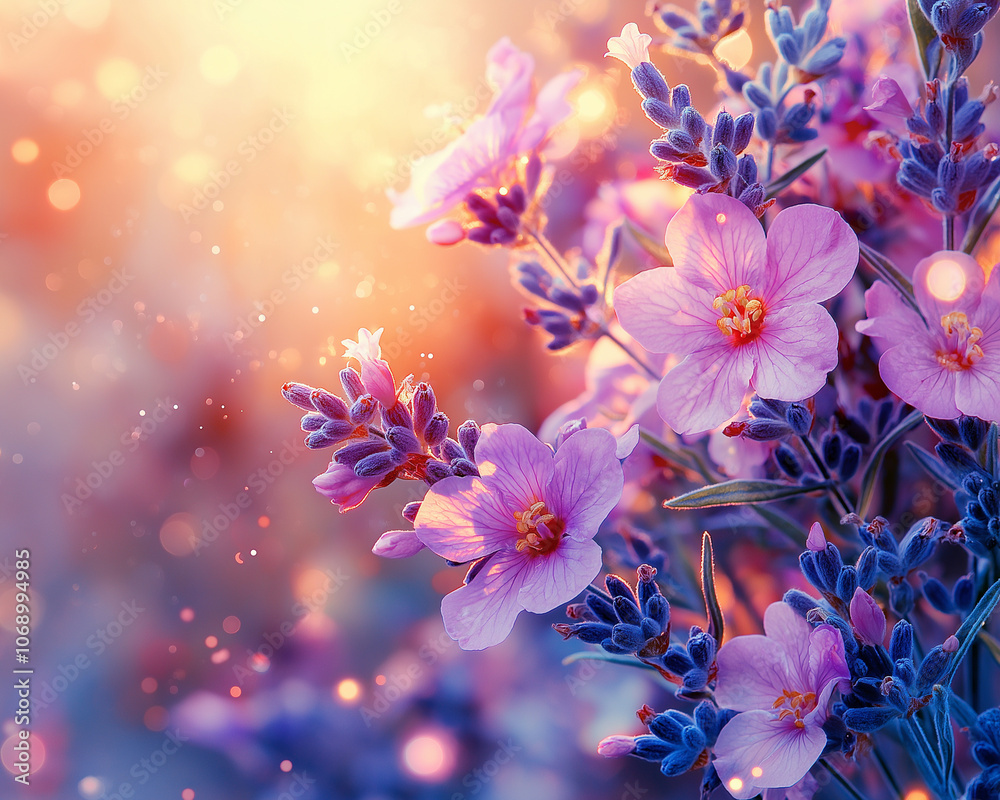 A vibrant arrangement of lavender and pink flowers, softly illuminated with a glowing background, creating a dreamy, serene atmosphere. A vibrant arrangement of lavender and pink flowers, softly illuminated with a glowing background, creating a dreamy, serene atmosphere.