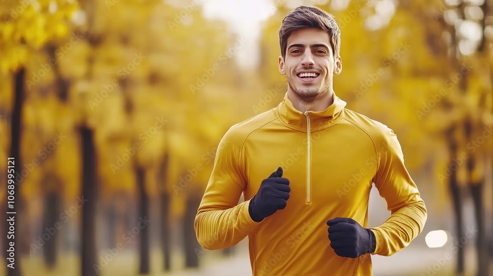 Smiling Man Jogging in Vibrant Autumn Park with Yellow Leaves Smiling Man Jogging in Vibrant Autumn Park with Yellow Leaves