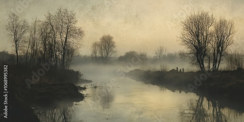 Misty Riverbank with Shadowy Figures at Dusk