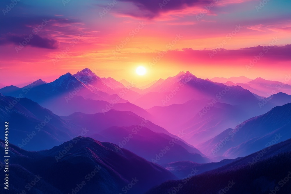 Majestic Mountain Range at Sunset with Vivid Colors and Silhouettes Majestic Mountain Range at Sunset with Vivid Colors and Silhouettes