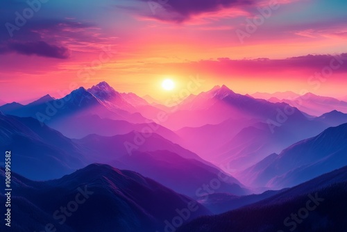 Majestic Mountain Range at Sunset with Vivid Colors and Silhouettes