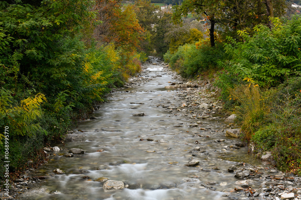 River flowing in autumn between yellow and red colored trees River flowing in autumn between yellow and red colored trees