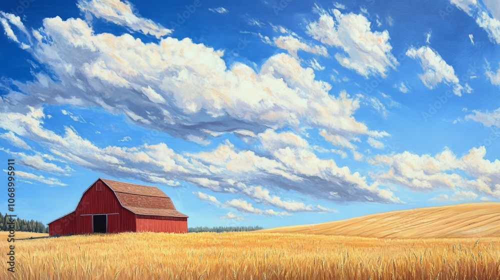 Red barn standing in wheat field under scenic cloudy sky Red barn standing in wheat field under scenic cloudy sky