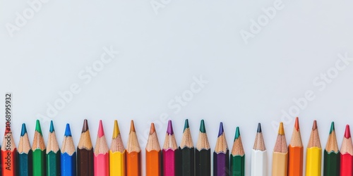 Colorful Art Supplies Lined on White Background photo