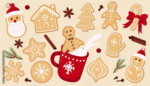 Set of Christmas decorations. Collection of different Gingerbread Cookies. Cute illustration of decorated christmas cookies. Santa, star, snowman, tree, snowflake, mitten, house, snowflake, candy.