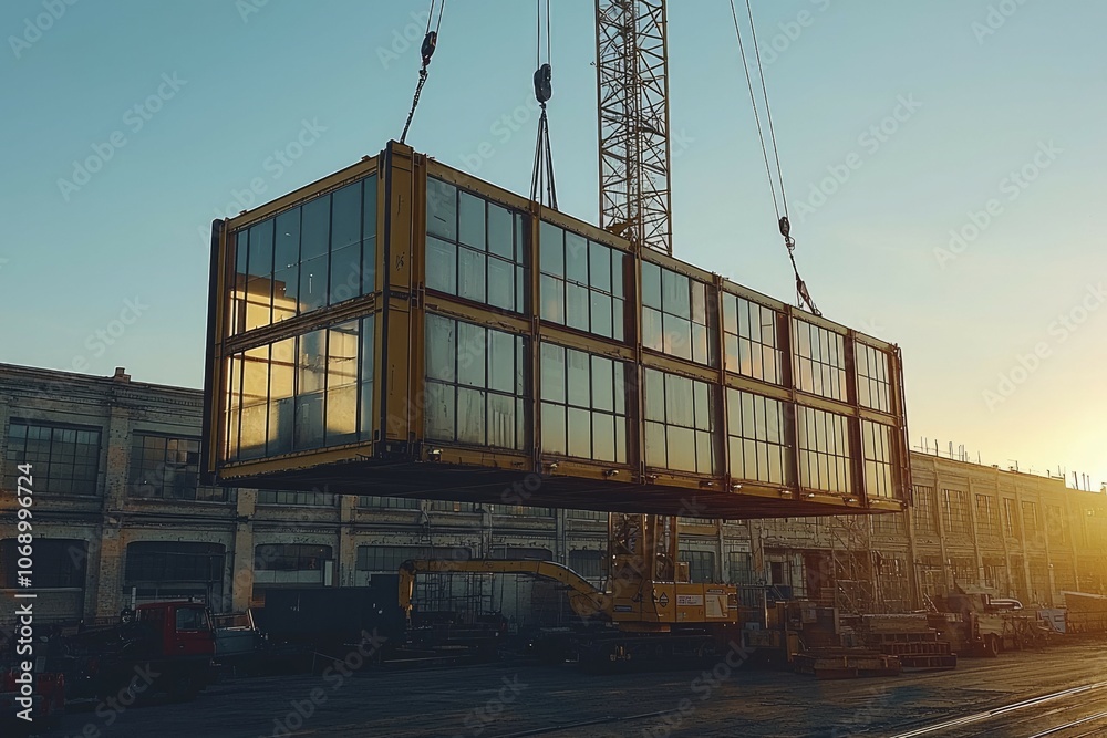 Crane Lifting a Modular Building with Glass Windows