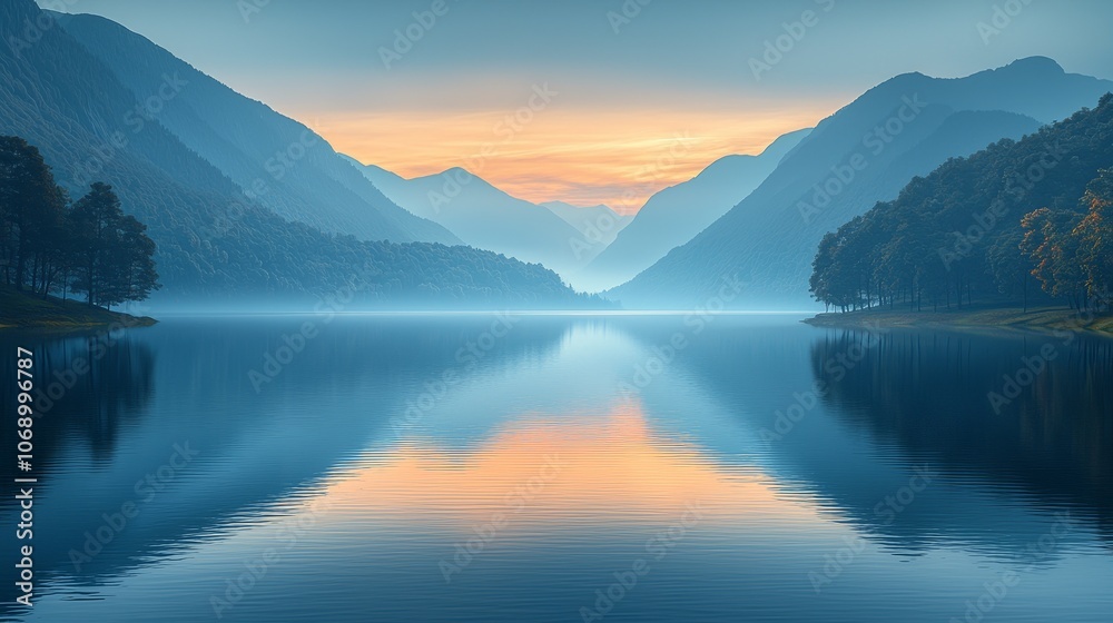 Breathtaking landscape captures the serene beauty of mountains reflected in calm waters at dawn Breathtaking landscape captures the serene beauty of mountains reflected in calm waters at dawn