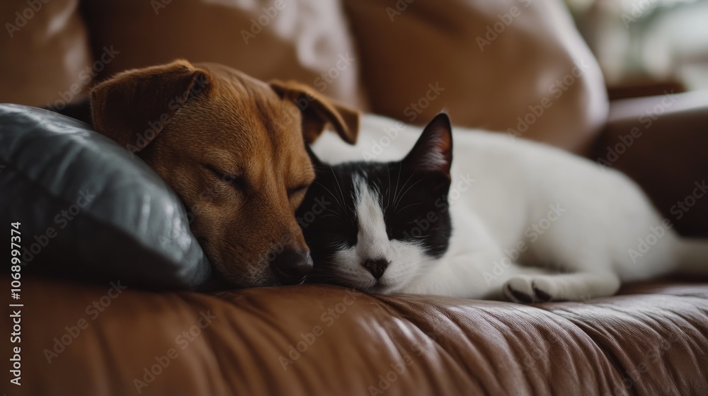 A dog and cat peacefully sleeping together on a couch. A dog and cat peacefully sleeping together on a couch.
