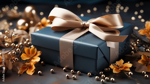 An elegant dark blue gift box with a shiny gold ribbon, perfect for special holiday moments. photo