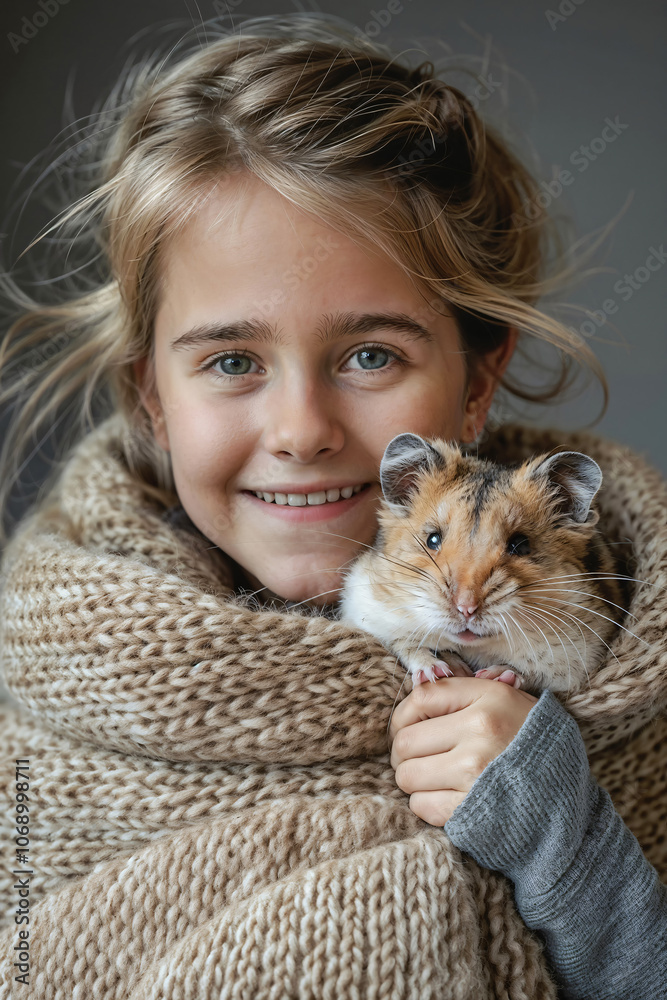 A cheerful girl, wrapped in a cozy scarf, happily holds her adorable Dzungarian hamster. Moment. Generative AI A cheerful girl, wrapped in a cozy scarf, happily holds her adorable Dzungarian hamster. Moment. Generative AI