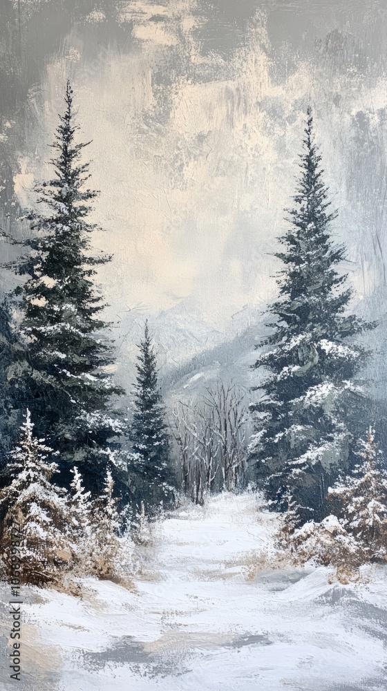 Snowy path winding through a serene winter forest landscape Snowy path winding through a serene winter forest landscape
