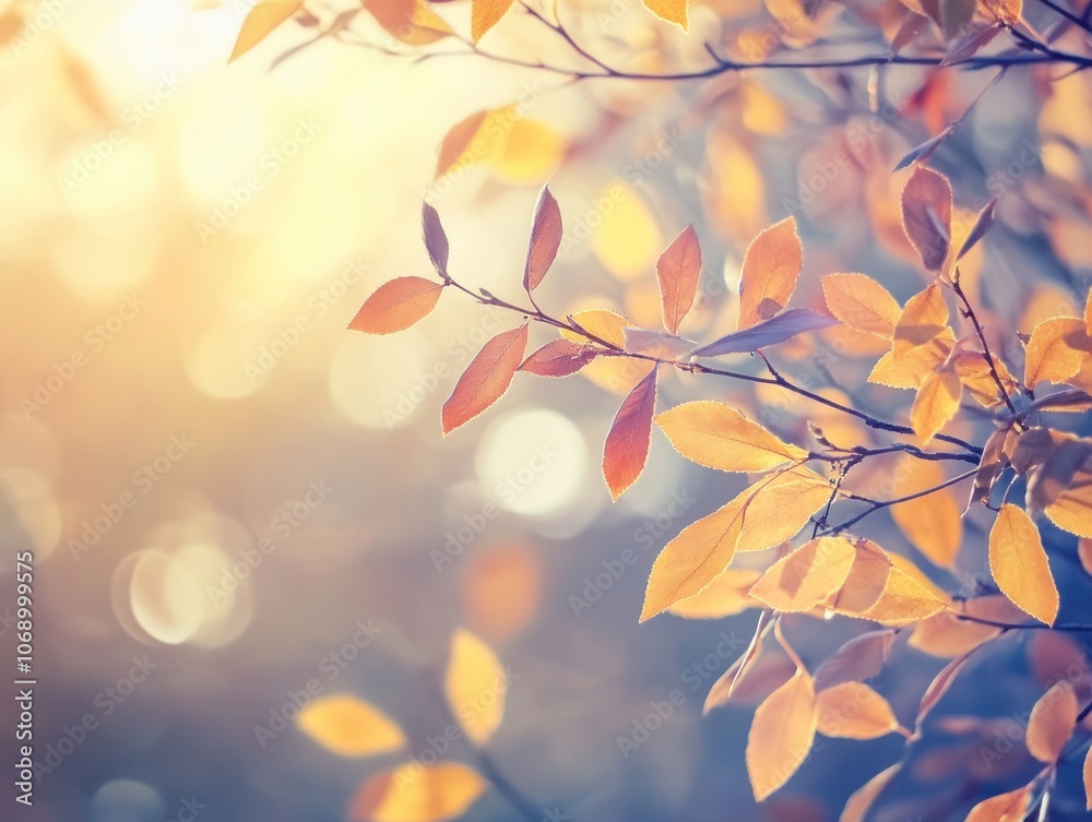 A soft-focus image of autumn leaves illuminated by warm light. A soft-focus image of autumn leaves illuminated by warm light.