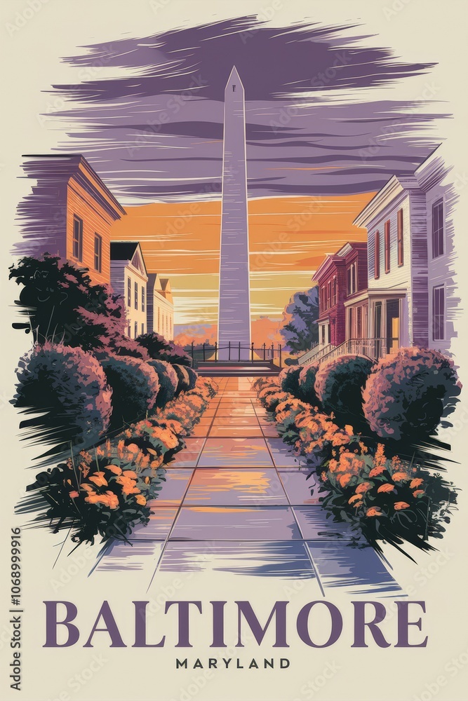 Φωτογραφία Vintage Travel Poster of Baltimore, Maryland: Serene Sunset View Featuring the Washington Monument Surrounded by Lush Gardens and Charming Row Houses