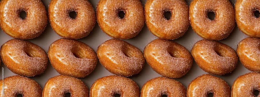 Uniformly arranged donuts in a vibrant display, showcasing tempting glazes and sprinkles, inviting indulgence and delight. Uniformly arranged donuts in a vibrant display, showcasing tempting glazes and sprinkles, inviting indulgence and delight.