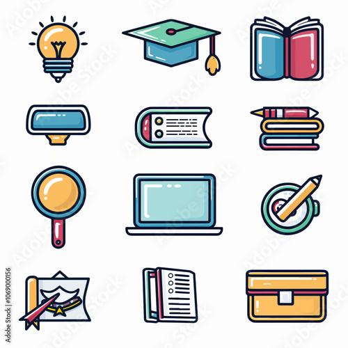 Education and E-Learning Icons Online learning (laptop with book, graduation cap, webinar) Educational tools (pencil, ruler, blackboard) Certifications -3