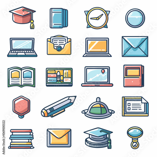 Education and E-Learning Icons Online learning (laptop with book, graduation cap, webinar) Educational tools (pencil, ruler, blackboard) Certifications-4