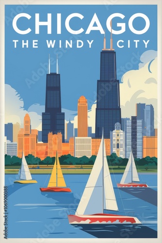 Vintage Travel Poster: Explore Chicago, The Windy City, Featuring Iconic Skyline and Sailboats on the Lake, Evoking Nostalgic Adventure and Wanderlust.