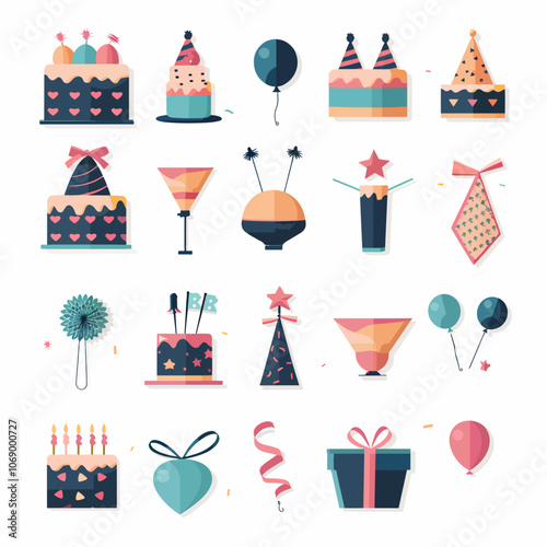 Event and Party Icons Celebrations (balloons, cake, confetti) Invitations (invitation card, RSVP, calendar date) Party supplies (party hat, streamers, gift box)-3