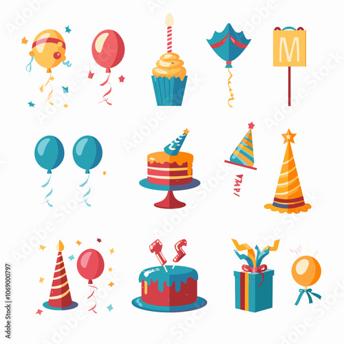 Event and Party Icons Celebrations (balloons, cake, confetti) Invitations (invitation card, RSVP, calendar date) Party supplies (party hat, streamers, gift box)-9