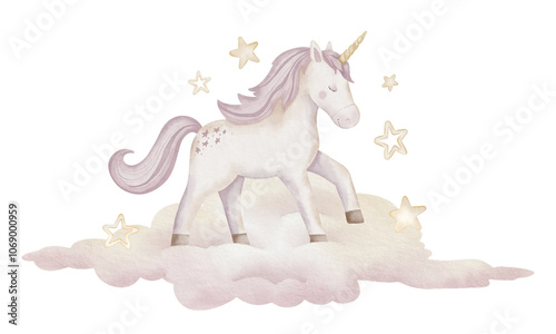 Unicorn running on a cloud watercolor illustration. Drawing of cute little Horse with horn for Baby shower greeting cards or childish birthday invitation. Pony with stars for girls nursery wall art. photo