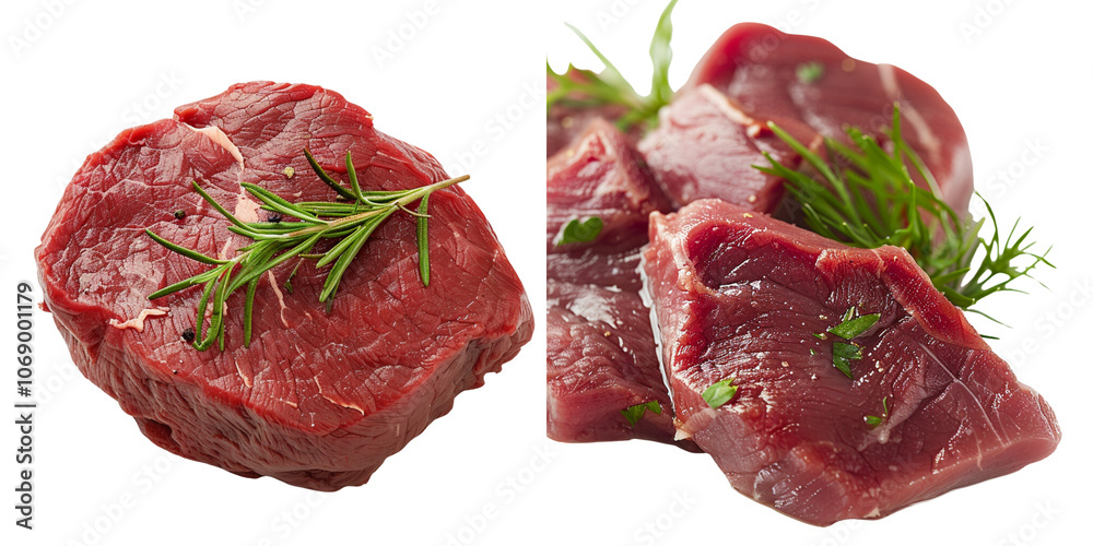 Fresh Cuts of Raw Meat with Herbs and Greenery Fresh Cuts of Raw Meat with Herbs and Greenery
