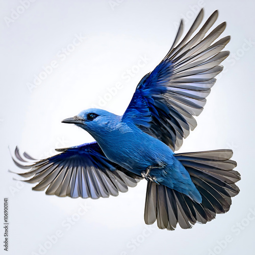 blue bird soars mid air white sky behind visually enhancing beauty greatly