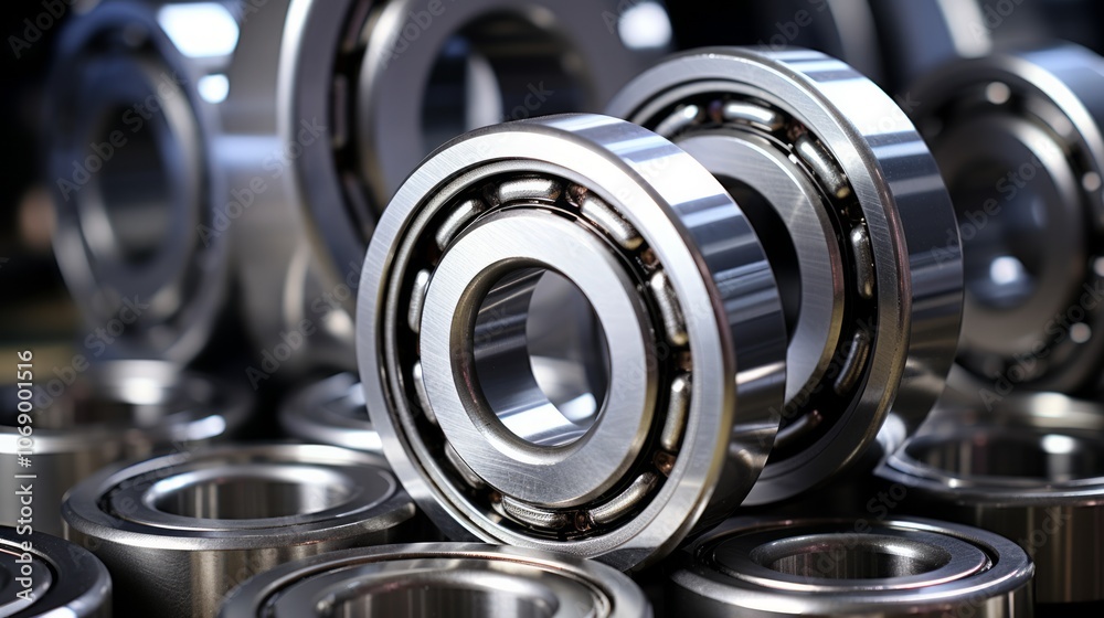 Set of deep groove ball and roller bearings on a gray background with soft focus. Neural network ai generated art Set of deep groove ball and roller bearings on a gray background with soft focus. Neural network ai generated art