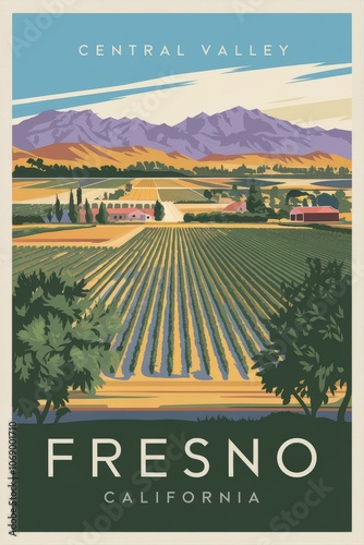 Vintage Travel Poster of Fresno, California: Scenic Central Valley Views with Rolling Vineyards and Majestic Mountains in a Retro Style