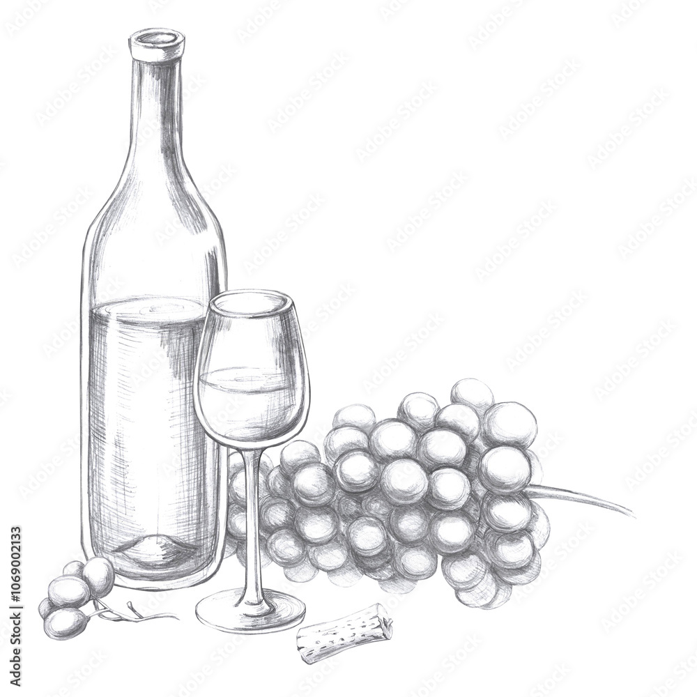 Fototapeta premium Wine bottle with glass and bunch of grapes. Isolated pencil illustration in realistic style for design of alcoholic products, juices, posters, cookbooks, printing on fabric, menu design
