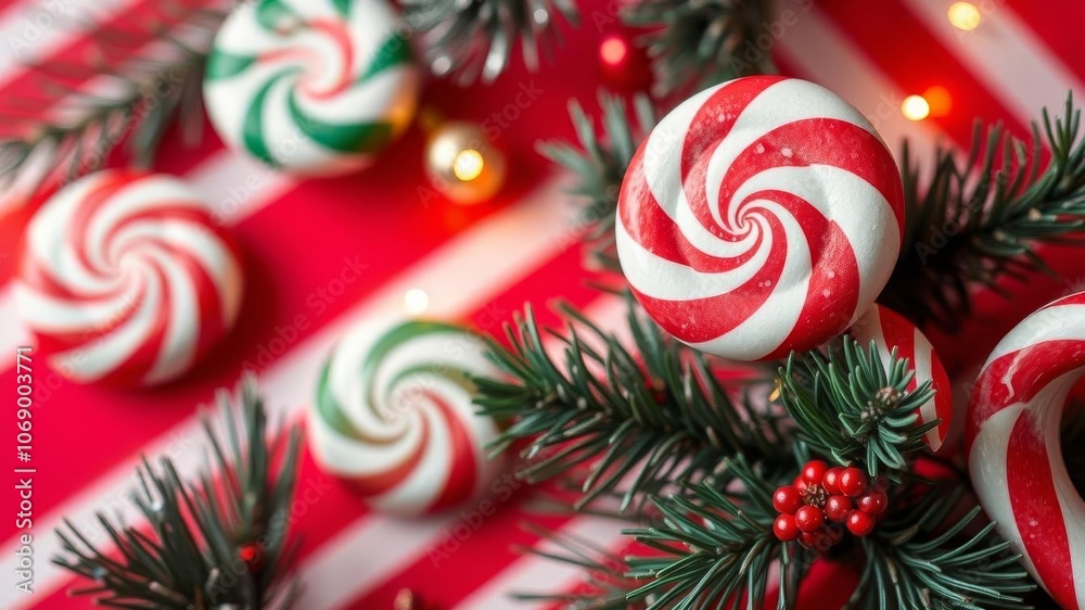 Peppermint candy canes arranged in a festive pattern on a vibrant red background, candy cane, festive Peppermint candy canes arranged in a festive pattern on a vibrant red background, candy cane, festive