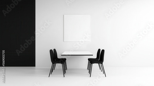 Sleek black and white meeting room, long glass table, minimalist chairs, elegant corporate design