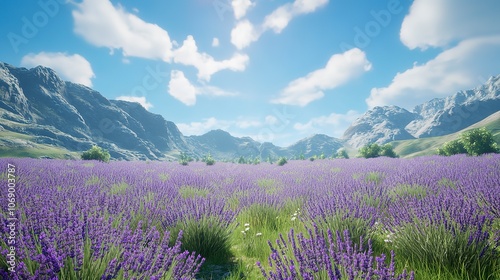 A field of lavender under blue skies.