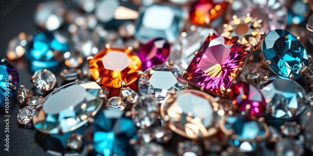 Shiny assorted jewels on a sleek grey background, beauty, precious stones Shiny assorted jewels on a sleek grey background, beauty, precious stones