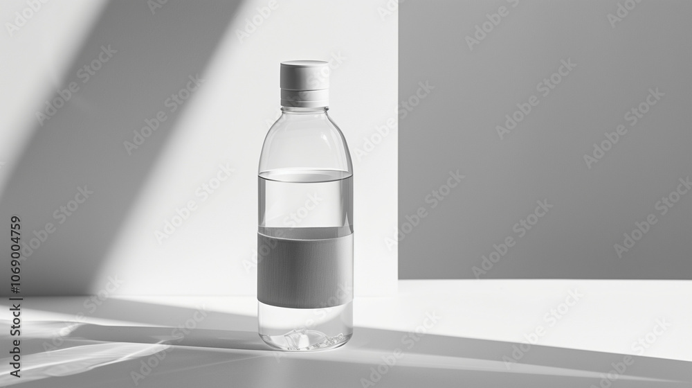 Clean modern water bottle with safety cap and half-filled with clear water on white background, symbolizing hydration and drinking safety, ample copy space for text overlay. Clean modern water bottle with safety cap and half-filled with clear water on white background, symbolizing hydration and drinking safety, ample copy space for text overlay.