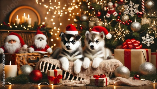 A cozy christmas, blanket, music, Siberian Husky puppies wearing red hat of Santa, lay down and enjoying Christmas decorations near a festive tree and gift boxes holding beside a dog1 photo