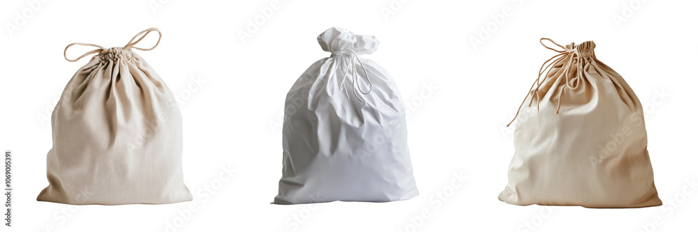 Set of cloth bag with drawstring closure isolated on a transparent background Set of cloth bag with drawstring closure isolated on a transparent background
