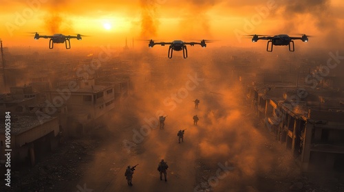 Drones and Soldiers in a War-Torn Landscape at Sunset