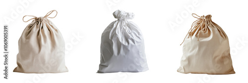 Set of cloth bag with drawstring closure isolated on a transparent background