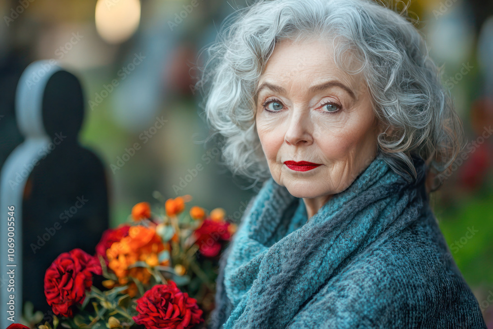 Elderly woman with gray hair and gentle expression standing in a cemetery with blurred tombstones. Elderly woman with gray hair and gentle expression standing in a cemetery with blurred tombstones.