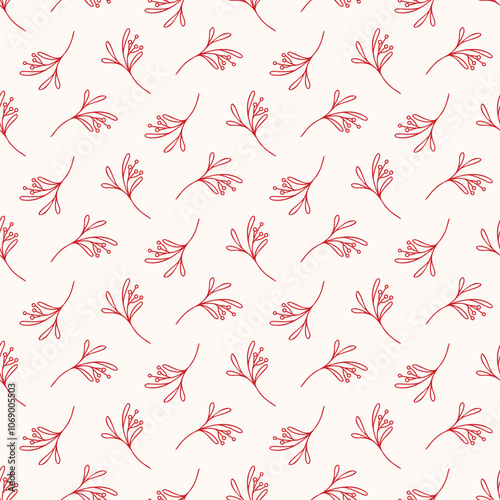 Seamless pattern of Christmas mistletoe doodle on isolated background. Hand drawn design for Winter, Christmas and New Year celebration, for paper crafts or home decor. 