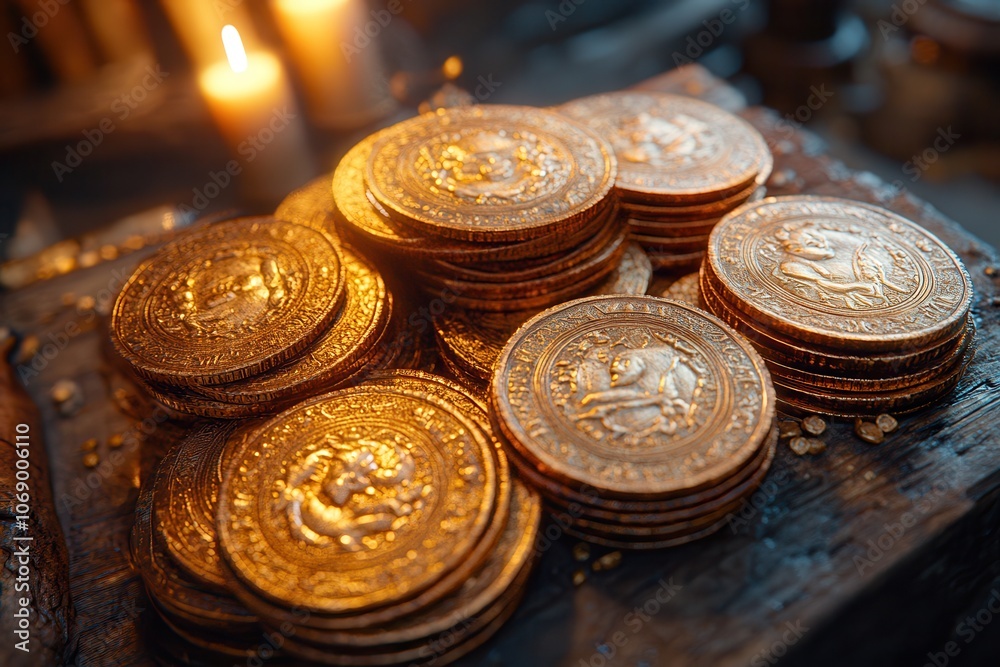 Glimmering Gold Coins in Warm Candlelight Glimmering Gold Coins in Warm Candlelight