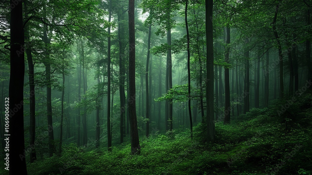 Fototapeta premium A serene forest scene shrouded in mist, showcasing lush greenery and towering tree.