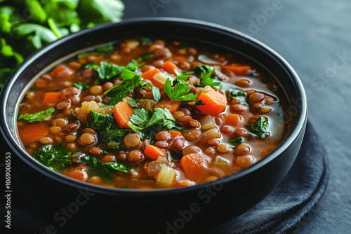 a bowl of vegan soup with lentils, carrots, and spinach.