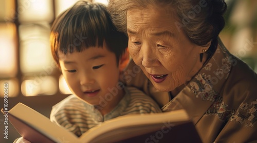 Grandson looks up at his grandmother with admiration as they enjoy a special reading time.